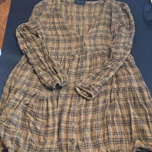 Urban Outfitters Tan and Black Plaid Tubic Shirt Dress Small